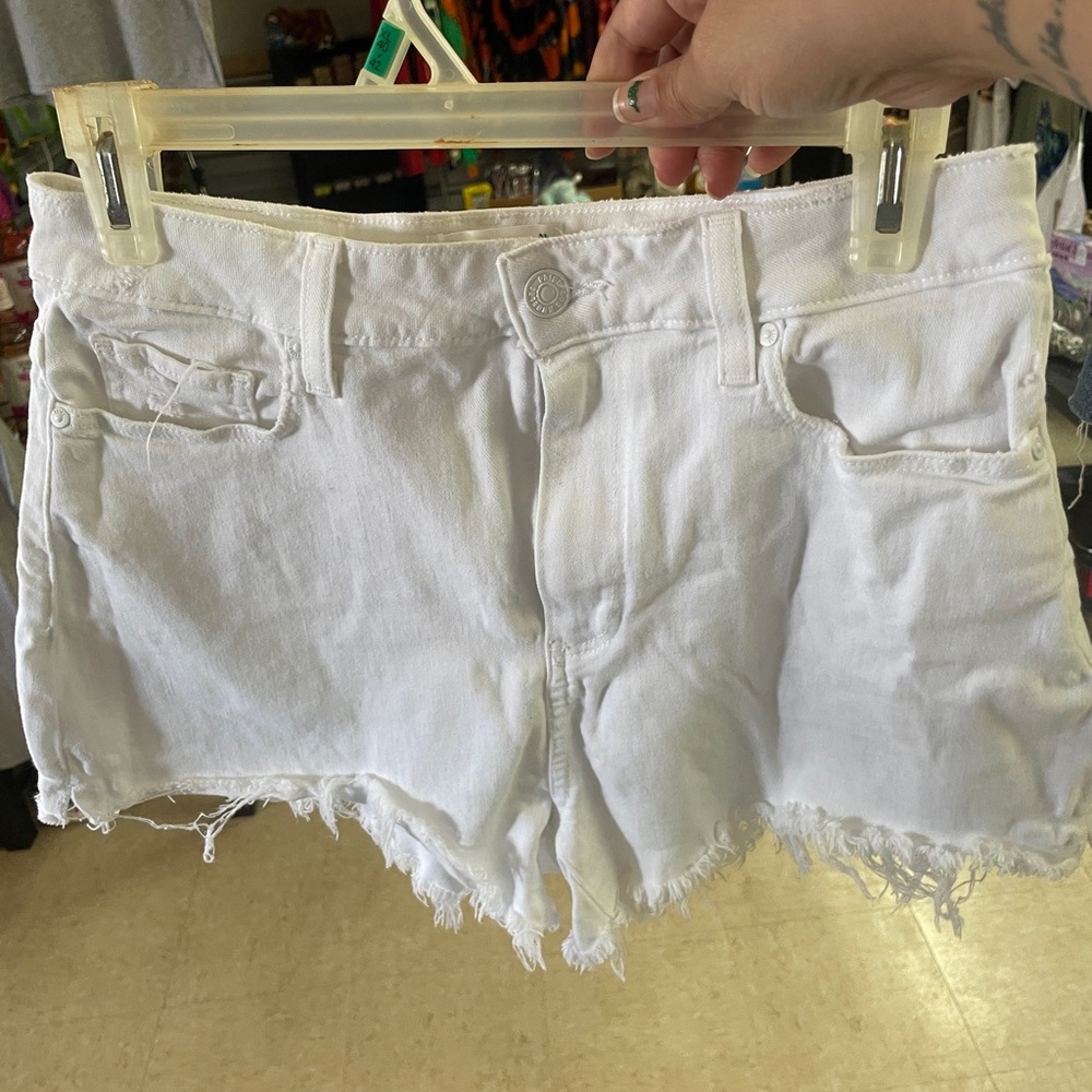 PAIGE White Distressed Frayed Hem Denim Shorts